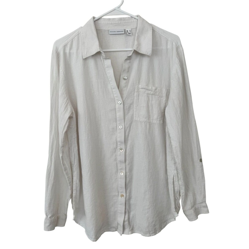 Susan Graver Soft White Linen Blend Button-Down Shirt - Size Medium